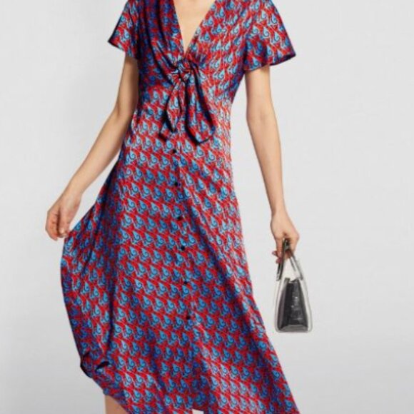 NWOT SANDRO PARIS Catny Knotted Satin-twill Midi Shirt Dress in Blue M $370 - Picture 1 of 16